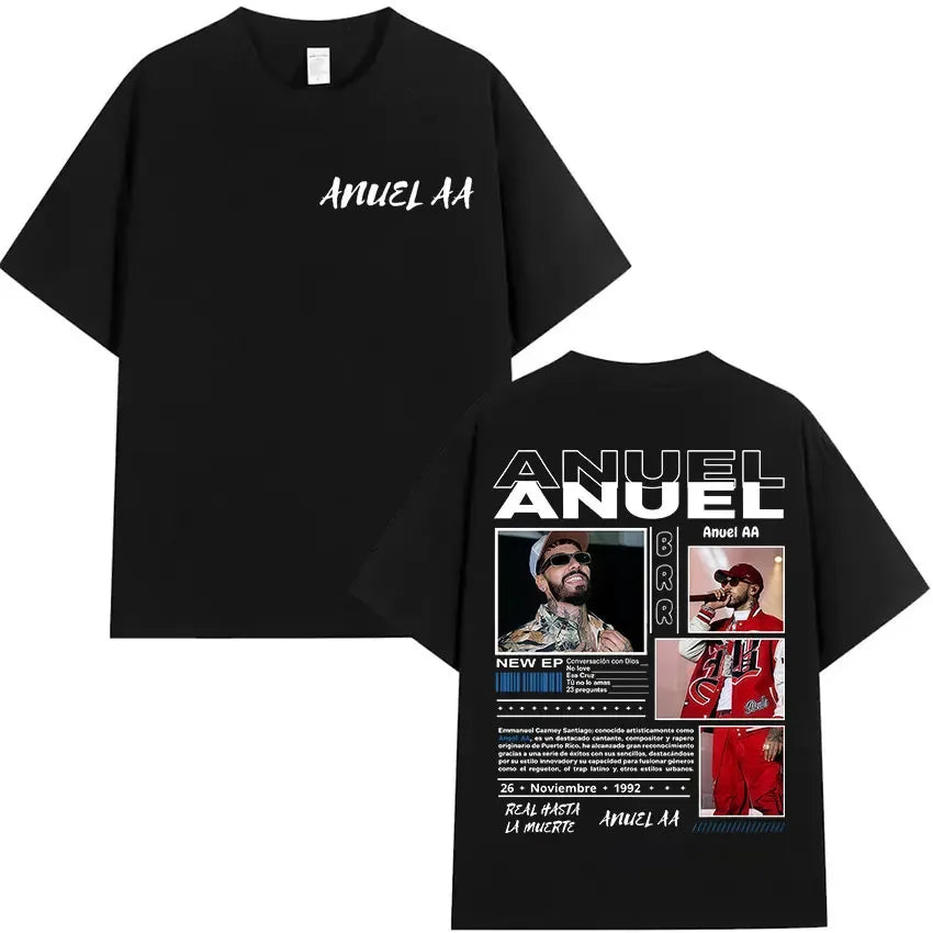 Rapper Anuel AA Real Hasta La Muerte Tour 2025 new Album T Shirts Men's Hip Hop gothic T-Shirts 100%  Short Sleeve T-Shirt