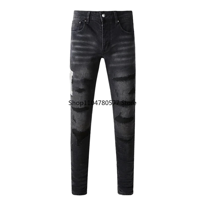 Americans Streetwear Distressed Vintage Men's Jeans Low Rise Stretch Skinny Button Fly Ripped Hold Pants
