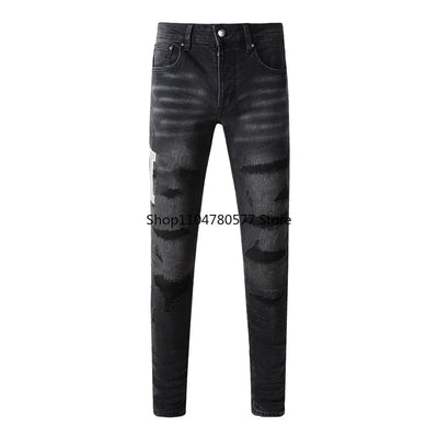 Americans Streetwear Distressed Vintage Men's Jeans Low Rise Stretch Skinny Button Fly Ripped Hold Pants