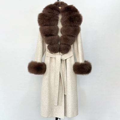 2025 New Autumn Wool Blend Coat Women Elegant Warm Real Fox Fur Collar Winter Wool Coat Female Double-sided Cashmere Jacket