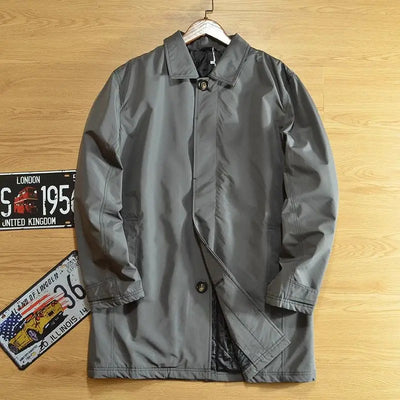 Men's Elegant Windbreaker Korean Style Simple Cotton Jacket for Warmth in Winter Medium Length Lapel Trench Coat Button Up Top