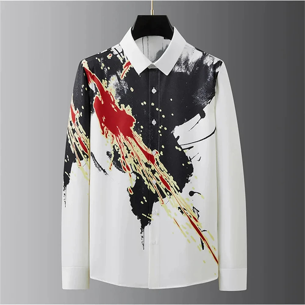 Luxury Letter Print Shirt Men's Long Sleeve Slim Fit Casual Shirt High Quality Fashion Korean Extra Large Size Men's Clothing