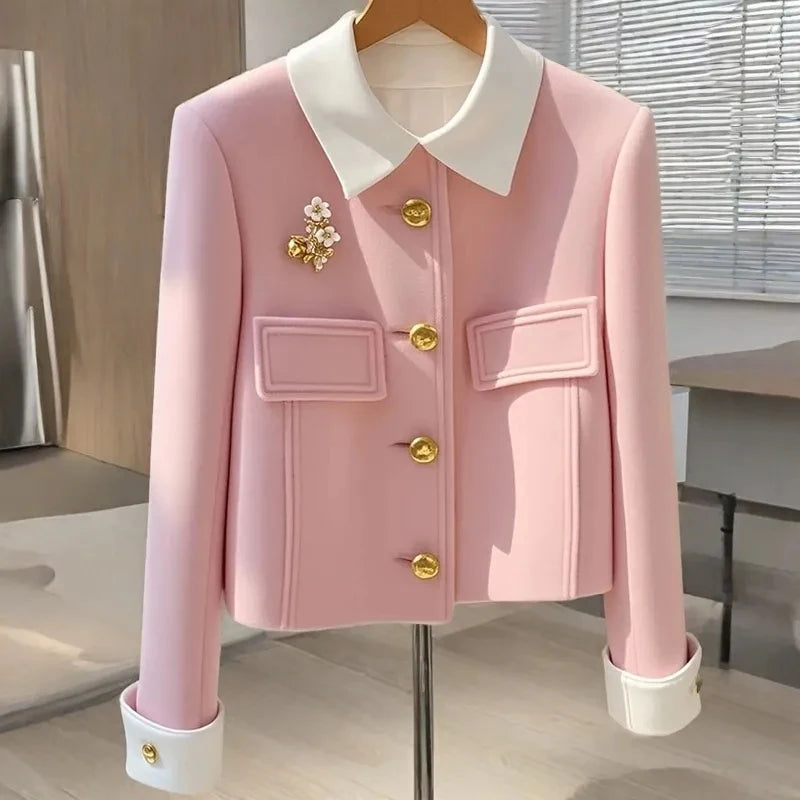 New Autumn And Winter 2025 Pink Padded Single-Breasted Women's Woolen Coat Unique Korean Version Temperament Ladies Jacket