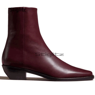 Men's Genuine Leather Ankle Boots Wine Red Black Side Zip Solid Handmade Chelsea Boots Wear Resistant Business Casual Shoes