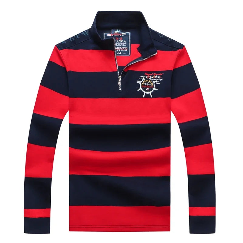 TACE&SHARK Brand Shark Wide Stripes Embroidery Red Long Sleeve Polo Tops Casual Fashion Men Slim Polo Casual Business Clothes