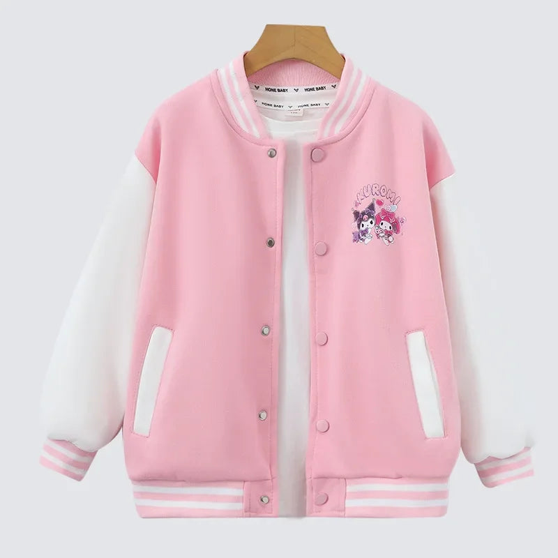 Kawaii Sanrio Kuromi Jackets For Girls Spring Autumn Teen Kids Cartoon Princess Cardigan Children's Baseball Uniform Sports Tops