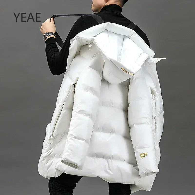 YEAE Winter New White Duck Down Thick Black Gold Down Jacket Men's Medium and Long High-end Leisure Warm Hooded Coat Clothing