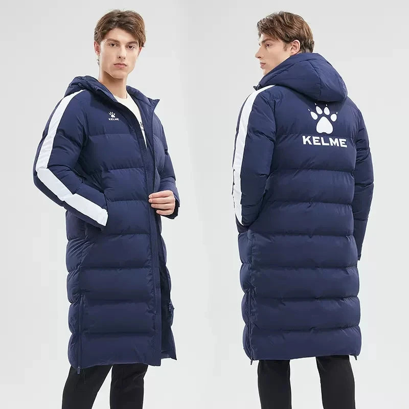 KELME Men Winter Jacket Long Sports Training Hooded Coat Outrwear Warm Silk Cotton Windproof Cotton Clothing пуховик женский