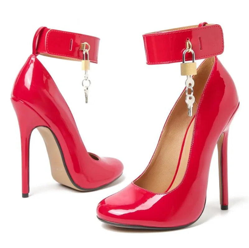 Modern Gold Lock Ankle Strap Women Pumps Red Black Patent Leather Round toe Thin Heels Evening Party Shoes Drop Shipping