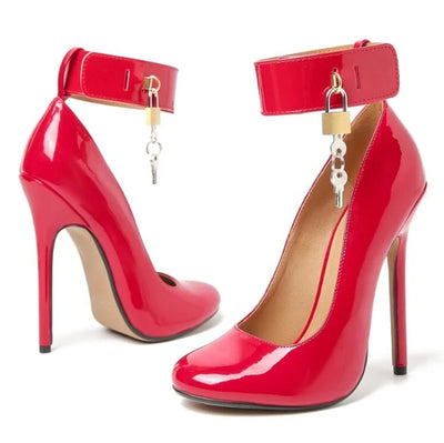Modern Gold Lock Ankle Strap Women Pumps Red Black Patent Leather Round toe Thin Heels Evening Party Shoes Drop Shipping
