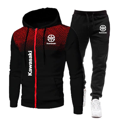 Kawasaki Logo Motorcycle Racing Men's Polka Dot Hoodie Set Fashion Men's Zipper Sports Set Sports Set