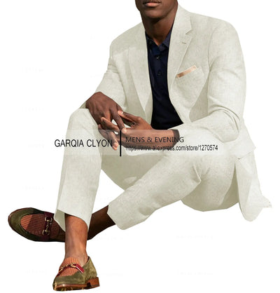 Linen Men's Suits 2 Pieces Summer Casual Notch Lapel Single Breasted Men's Wedding Suits（Blazer+Pants）