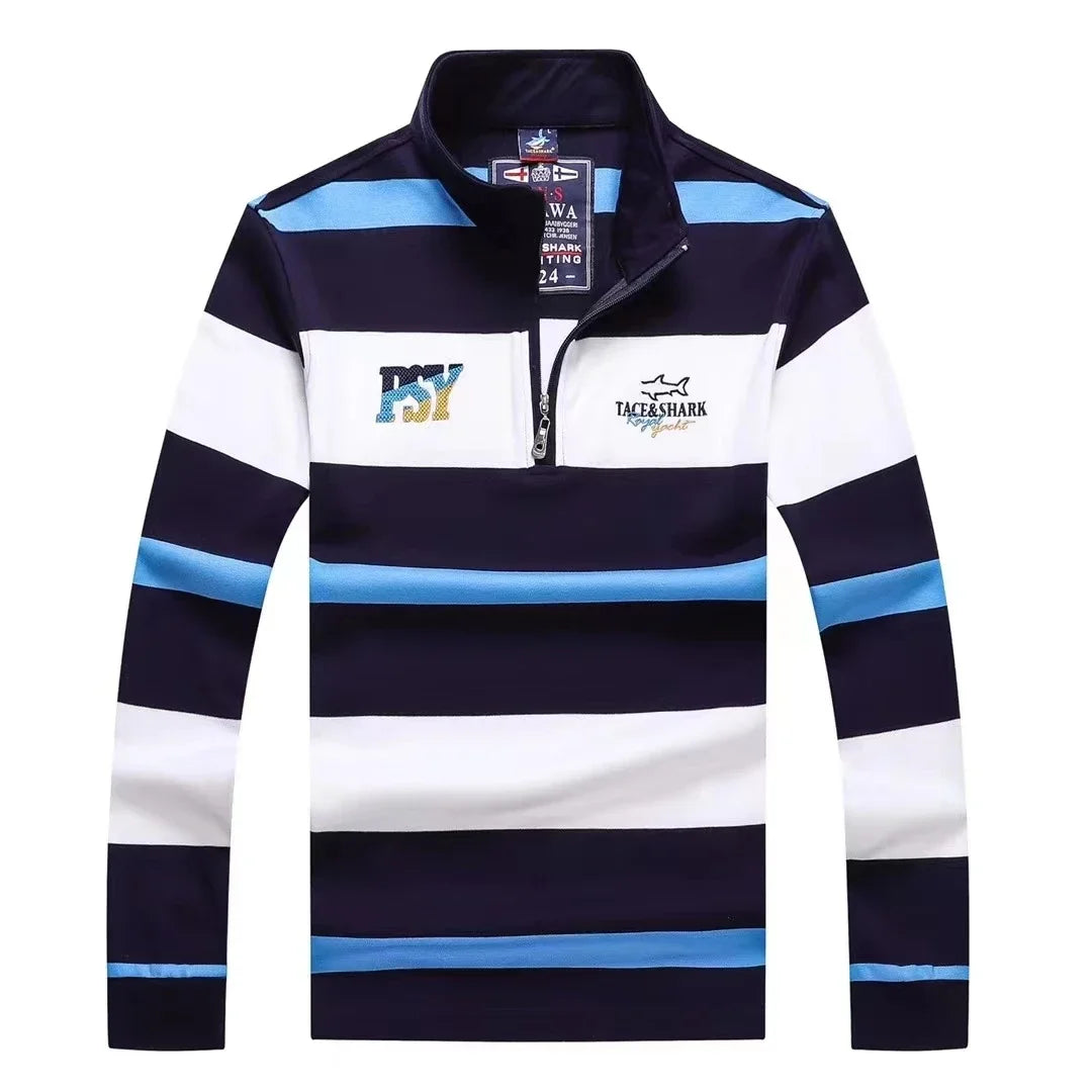 TACE&SHARK High Quality American British Royal Royal Sport Embroidered Stand Collar Polo Shirt Men's Long Sleeves Striped Tops