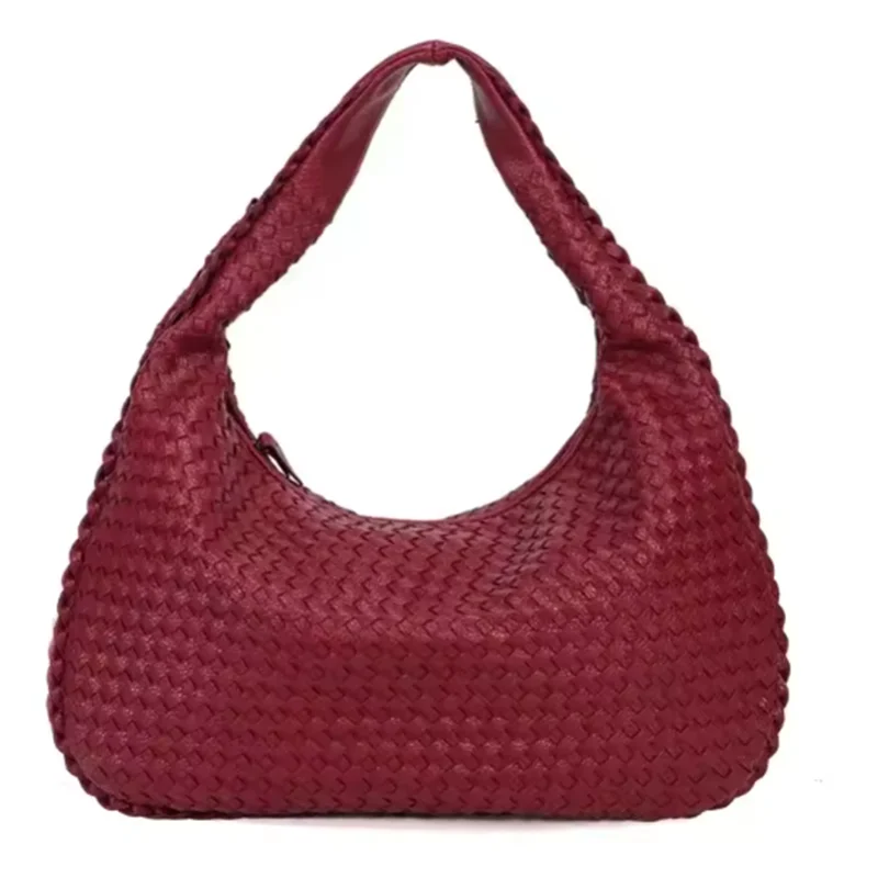 New Vegan Leather Hobo Bag Handmade Woven Casual Female Half Moon Handbag Big Capacity Patchwork Zipper Women Tote Shoulder Bags