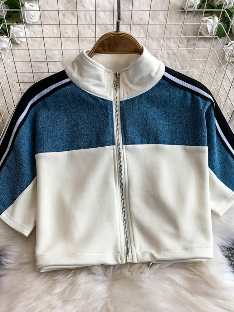 Hong Kong Sle Retro Set Women's Stand Collar ort Sve T-irt Denim Patchwork Loose Elastic Waist Straight Leg Pants