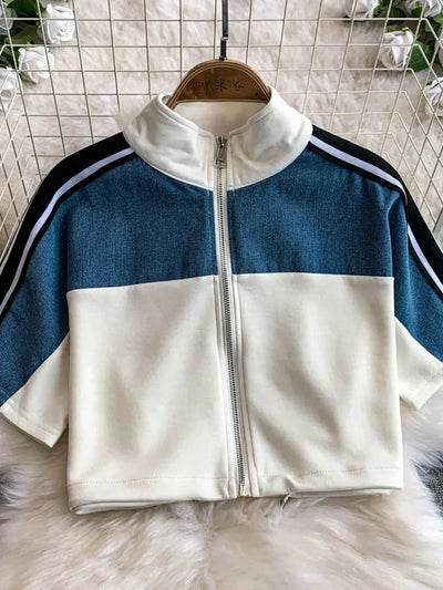 Hong Kong Sle Retro Set Women's Stand Collar ort Sve T-irt Denim Patchwork Loose Elastic Waist Straight Leg Pants