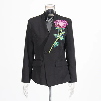 ZMEENNA Women Black Blazer Sequin Rose Embellishment Pink Green Sparkle Floral Design Party Jacket Trendy Fashion 2025 ZM603
