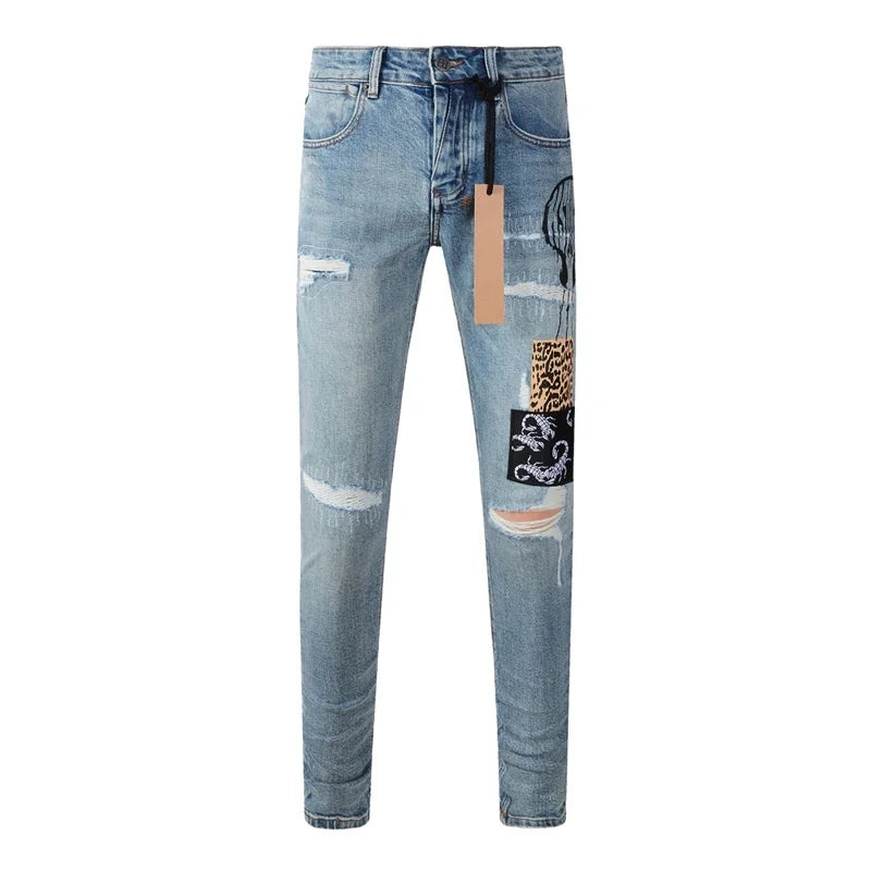 25fw High Street Men's Jeans Paint Hole Trend Low Rise Skinny Denim Pants Pleated Ripped Solid Trousers