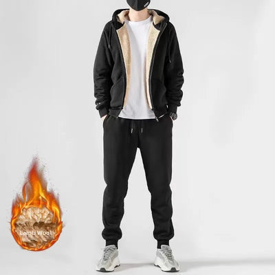 Men's Winter Lamb Velvet Sports Set Thiened Warmth Casual Sweatirt Pants Two-Piece Suit Long Sve Long Pants Leisure Wear