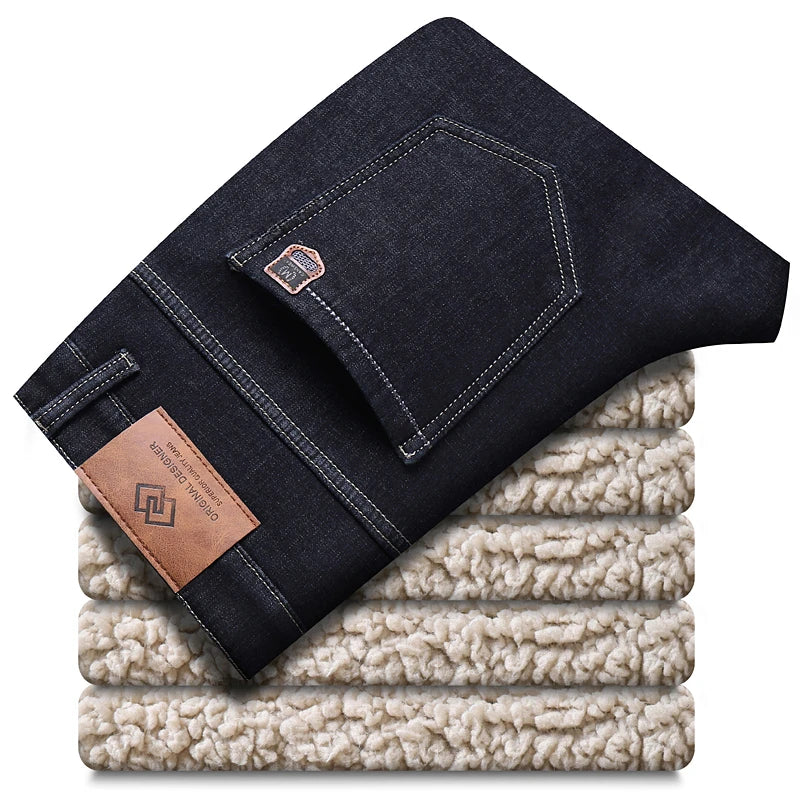 Winter Men's Fleece Thick Sherpa Jeans Business Casual Velvet Straight Denim Pants Male Wool Plush Classic Stretch Trousers