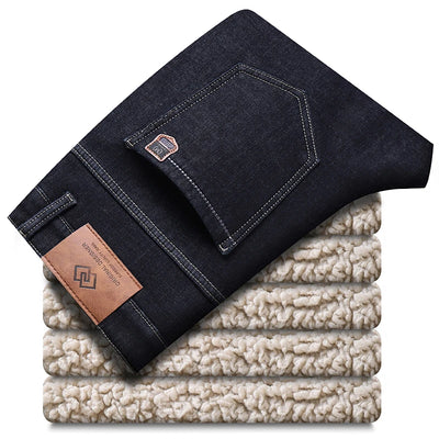 Winter Men's Fleece Thick Sherpa Jeans Business Casual Velvet Straight Denim Pants Male Wool Plush Classic Stretch Trousers