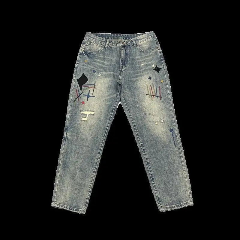 Old Tattered Patched Embroidered Jeans Men's Small Straight Leg Pants American High Street Men's Pants Trendy