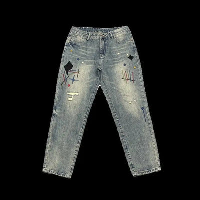 Old Tattered Patched Embroidered Jeans Men's Small Straight Leg Pants American High Street Men's Pants Trendy