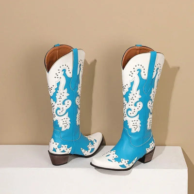 Western Cowboy Knee High Boots Women Blue Red Mixed Color Floral Fretwork Rivet Winter Pointed Toe High Heels Cowgirl Long Boots