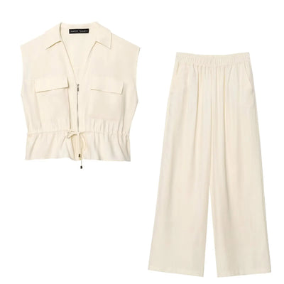 TRAFZA Women Casual Chic Blue Pant Set Zipper V-neck Beige Vest Elastic Waist Pant 2025 Spring Fall Fashion Elegant Vest Set