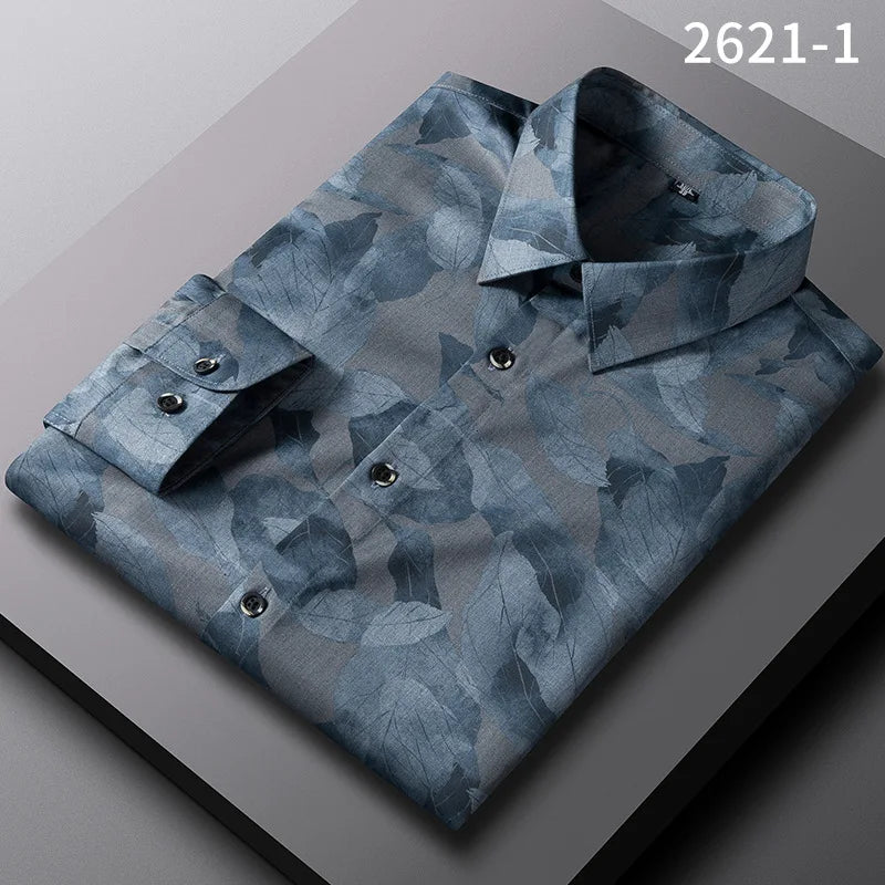 Spring and Autumn new bamboo fiber long sleeve shirt business slim shirt Men's clothing Men's long sleeve printed striped shirt
