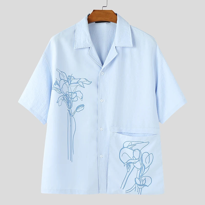 INCERUN Men Shirt Summer Printing Vacation Oversize Lapel Short Sleeve Men Clothing Streetwear 2025 Fashion Casual Tops Men