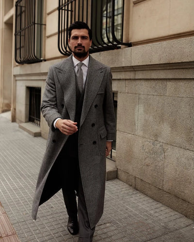 Chevron Fabric Winter Long OverCoat Lapel Double Breasted Winter Lapel Houndstooth Business Formal Men‘s Coat Blazer Customized