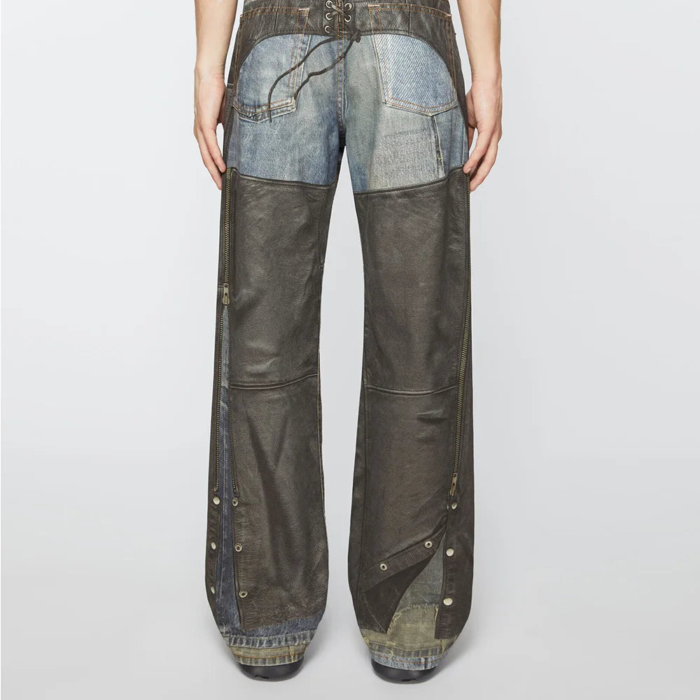 High Street Pu Leather Patchwork Baggy Jeans Pants for Men and Women Side Buttons Striaght Casual Loose Denim Trousers Oversize