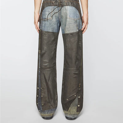 High Street Pu Leather Patchwork Baggy Jeans Pants for Men and Women Side Buttons Striaght Casual Loose Denim Trousers Oversize