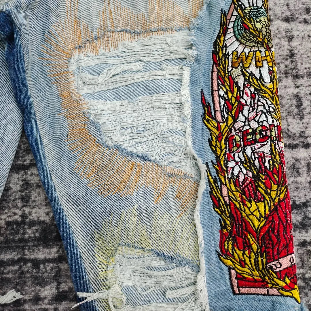 men complicated embroidery stitching distressed jeans