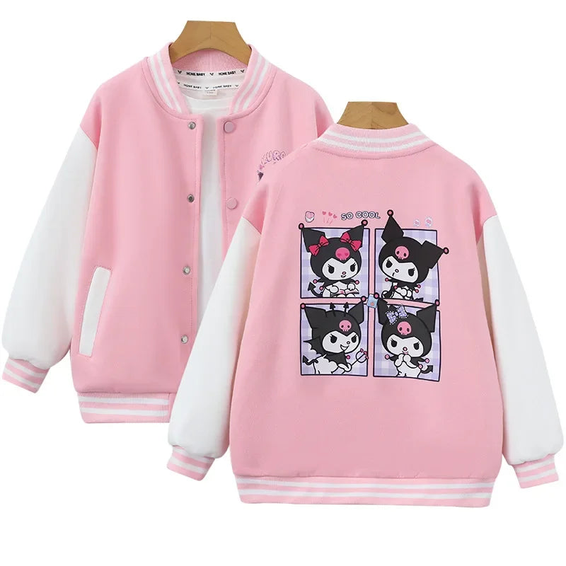 Kawaii Sanrio Kuromi Jackets For Girls Spring Autumn Teen Kids Cartoon Princess Cardigan Children's Baseball Uniform Sports Tops