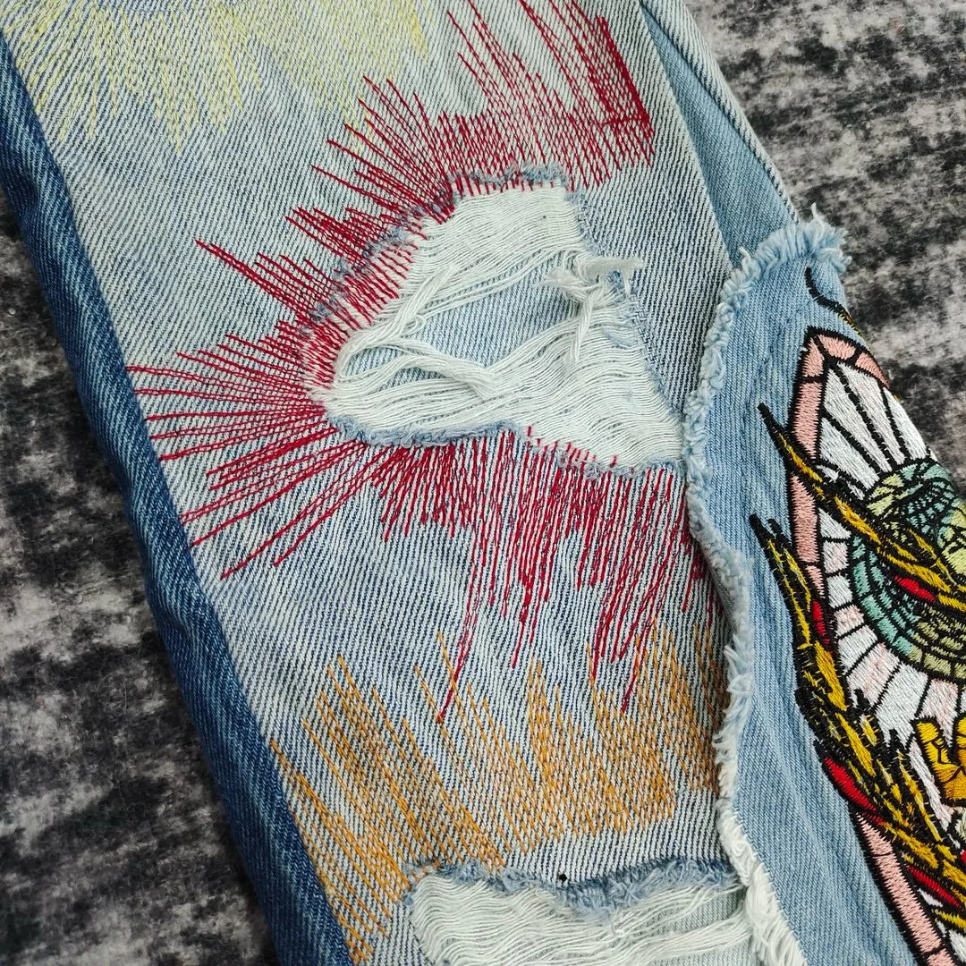 men complicated embroidery stitching distressed jeans