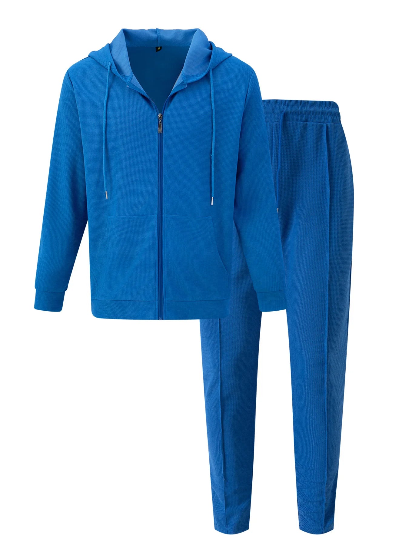 Fall Men's Solid Color Suit - Fashionable Trendy Waffle Hooded Pockets Pullover - Casual Zip Jacket - Long Sleeve Pants Set