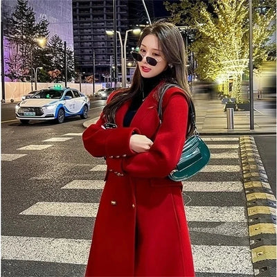 Autumn Winter Female Medium Long Styles Outwear Korean Ladies Long Sleeves Woolen Top 2024 Women Solid Color Wool Blend Jacket