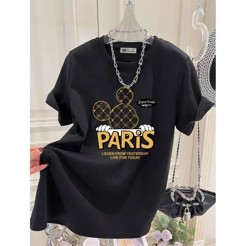 2025 Summer New Pure Cotton Short-sleeved T-shirt Women Loose Round Neck Cartoon Letter Mid-length Top