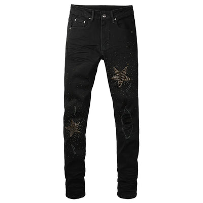 Men Star Crystal Denim Jeans Streetwear Rhinestone Skinny Tapered Pants Holes Ripped Black Stretch Trousers