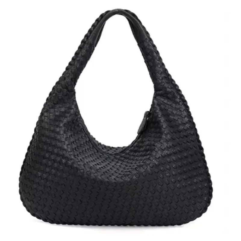 New Vegan Leather Hobo Bag Handmade Woven Casual Female Half Moon Handbag Big Capacity Patchwork Zipper Women Tote Shoulder Bags