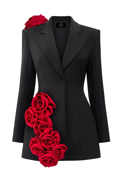 Newest Couture Stretchy Black Women Blazer Dresses With Red Handmade Flower Details Fashion Maxi Dress