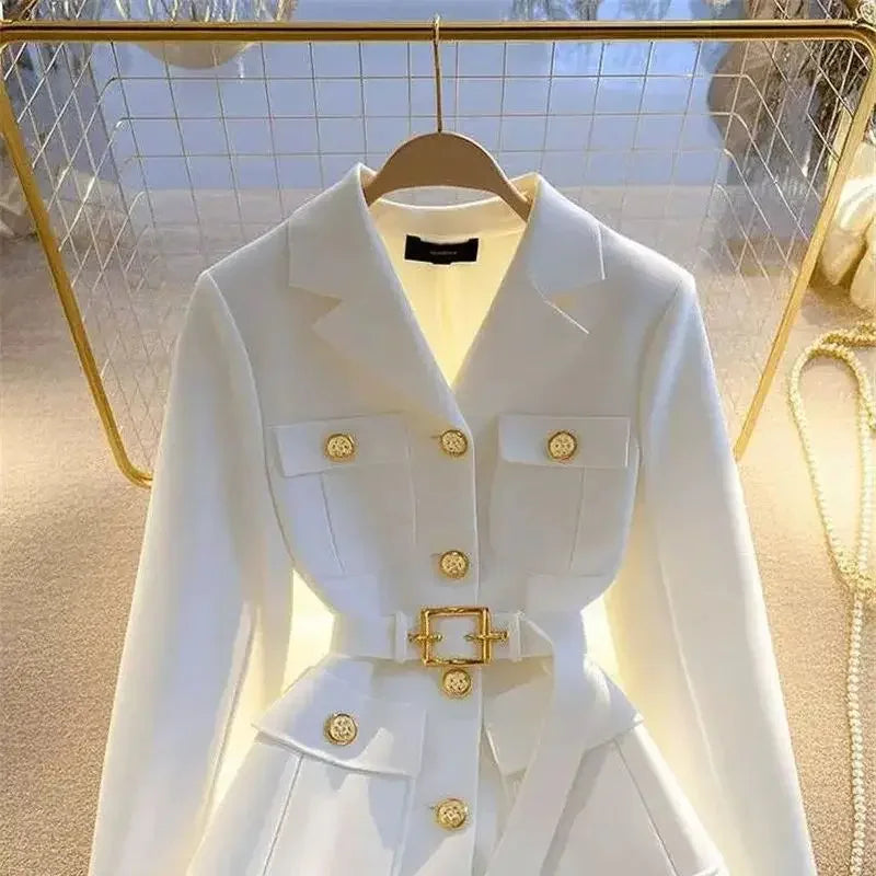 New High End Fashion Suit Jacket Coat Women Elegant Celebrity Pocket Long Sleeve Lapel Slim Blazer Outerwear Office Lady Tops