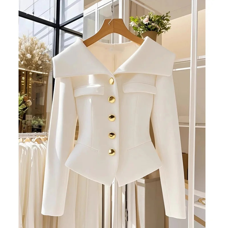 2025 New High Quality Autumn White Women's Coat Long Sleeve Slim Waist Chic Short Single-breasted Office Jackets Ladies Outwear