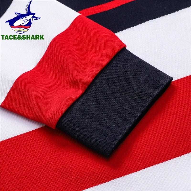 TACE&SHARK Fashion Brand Shark Long Sleeve Polo 2024 Men Stripe Camisa Masculina Casual Business Blue Polo Clothing