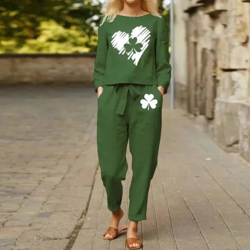 Spring Summer New Vintage Print Long Sleeve round Neck T-Shirt Set Wide Leg Pants Ethnic Style Fashionable Women's Outfit