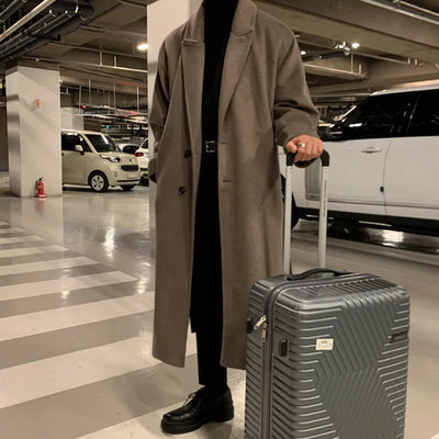 IEFB Thickened Male Woolen Coat Korean New Chic Men's Overcoat Turn-down Collar Single Breasted Solid Color Belt Outwear 9D1655