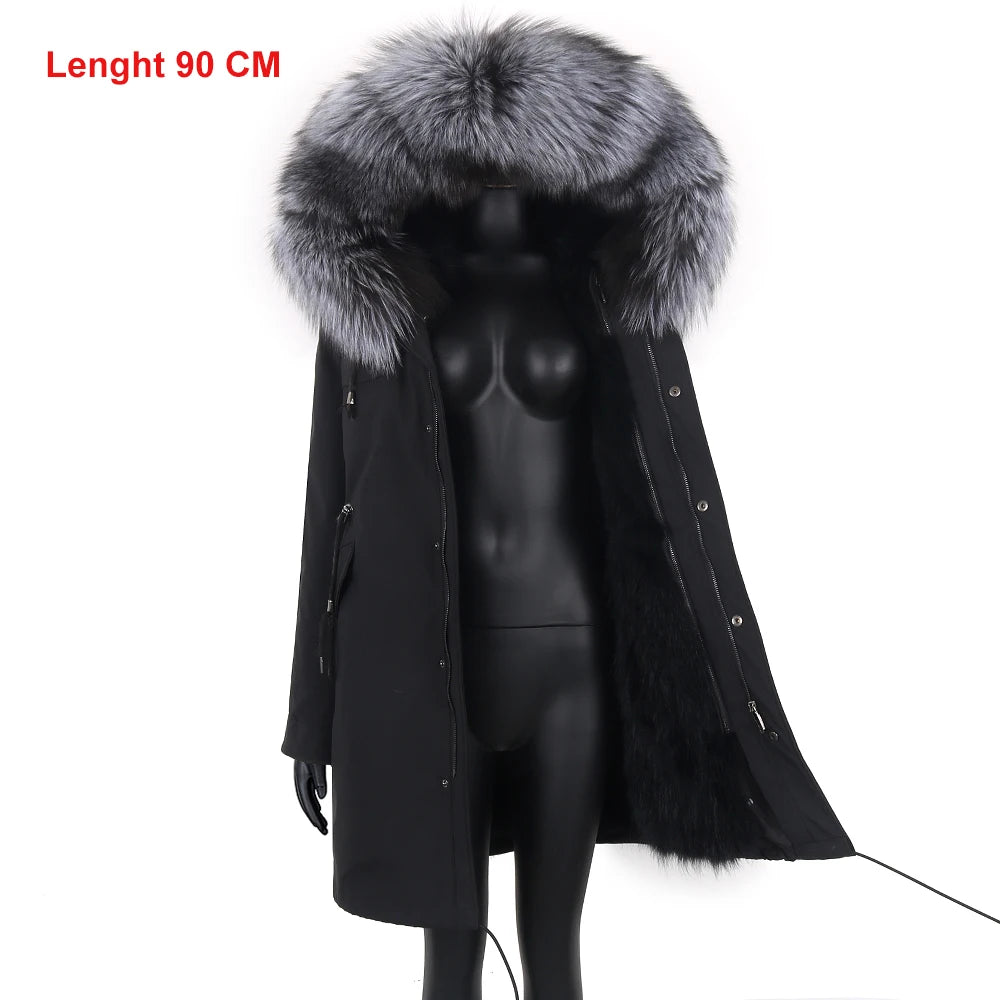 2024 New Winter Jacket Women X-Long Parka Waterproof Big Natural Raccoon Fur Collar Hood Real Fur Coat Thick Warm Real Fox Fur