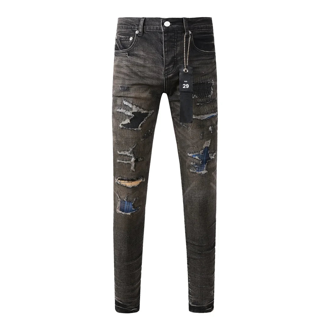 Americans High Street Trendy Men's Jeans Low Rise Stretch PantsSkinny Button Fly Ripped Retro Hold Trousers